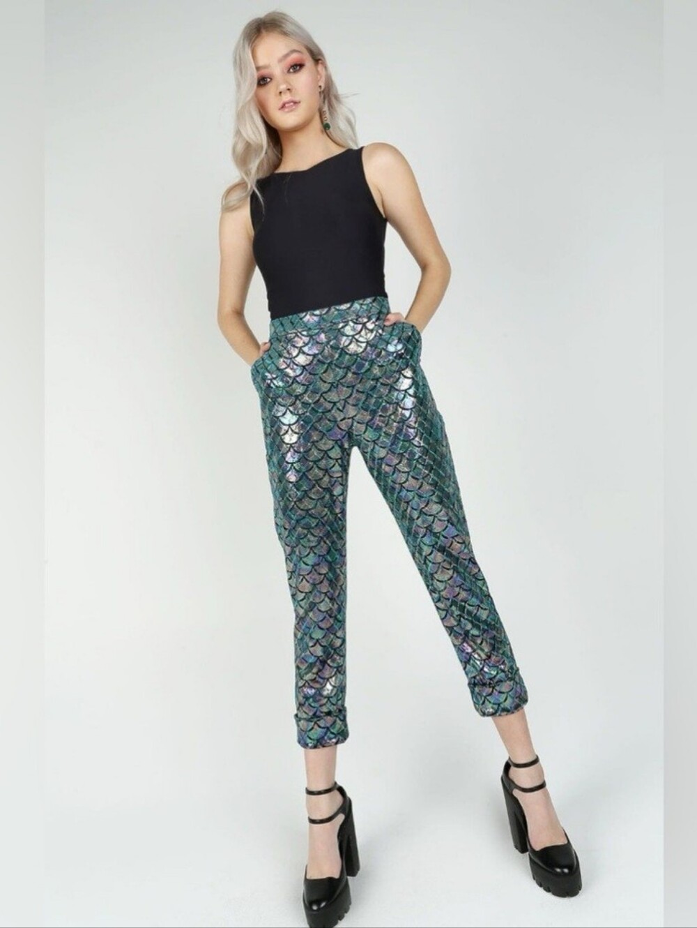 Blackmilk Original Ocean Velvet Mermaid Scale High Waist Cuffed Pants Small